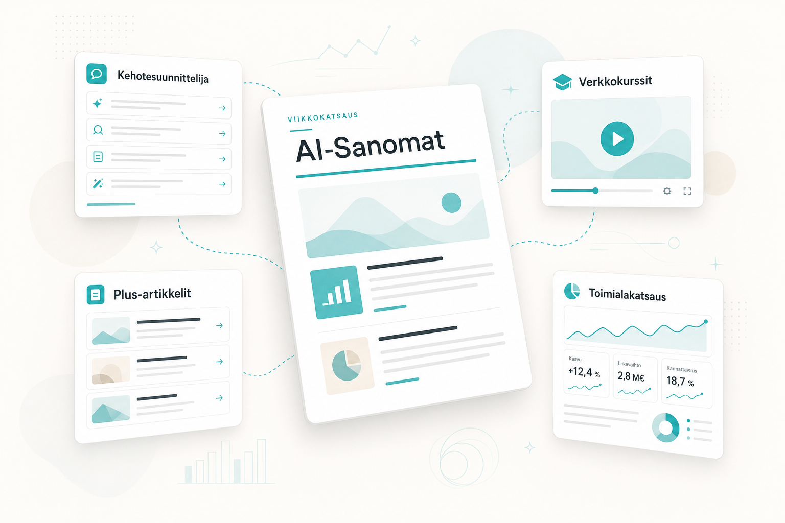 AI-Sanomat-uutiskirje ja palvelukokonaisuus: viikkokatsaus, Kehotesuunnittelija, verkkokurssit, Plus-artikkelit ja toimialakatsaus